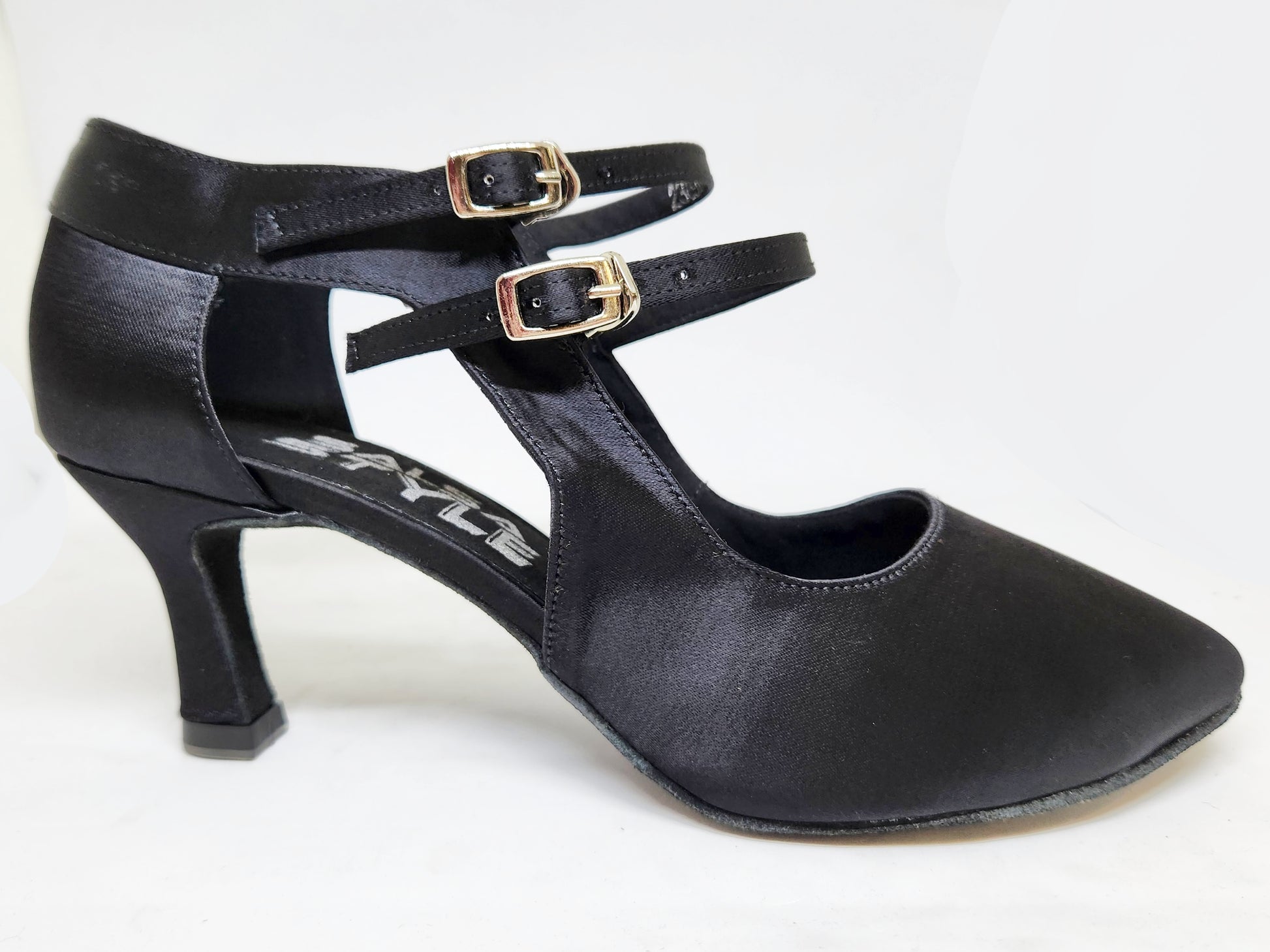 Black satin heel with ankle straps and closed toe, featuring a 2.5 inch heel.