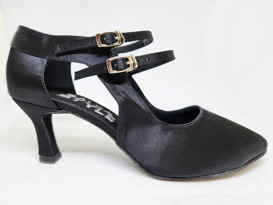 Black satin heel with ankle straps and closed toe, featuring a 2.5 inch heel.