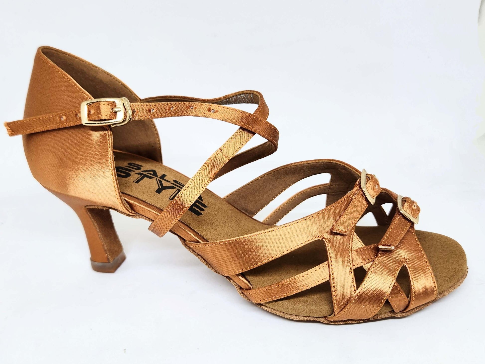 Ruby Dark Tan No Stones adjustable dance shoes, satin material, 2.5" heel for great support and comfort.