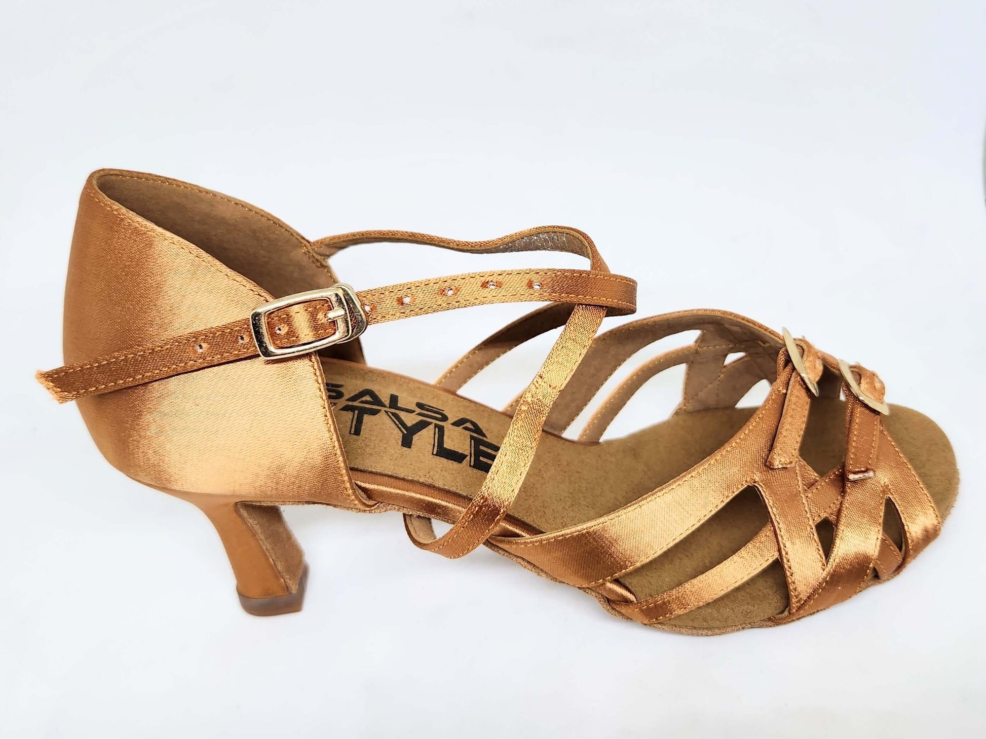 Ruby Dark Tan adjustable dance shoes, satin material, 5.5cm heel, great support and comfort for dancing.