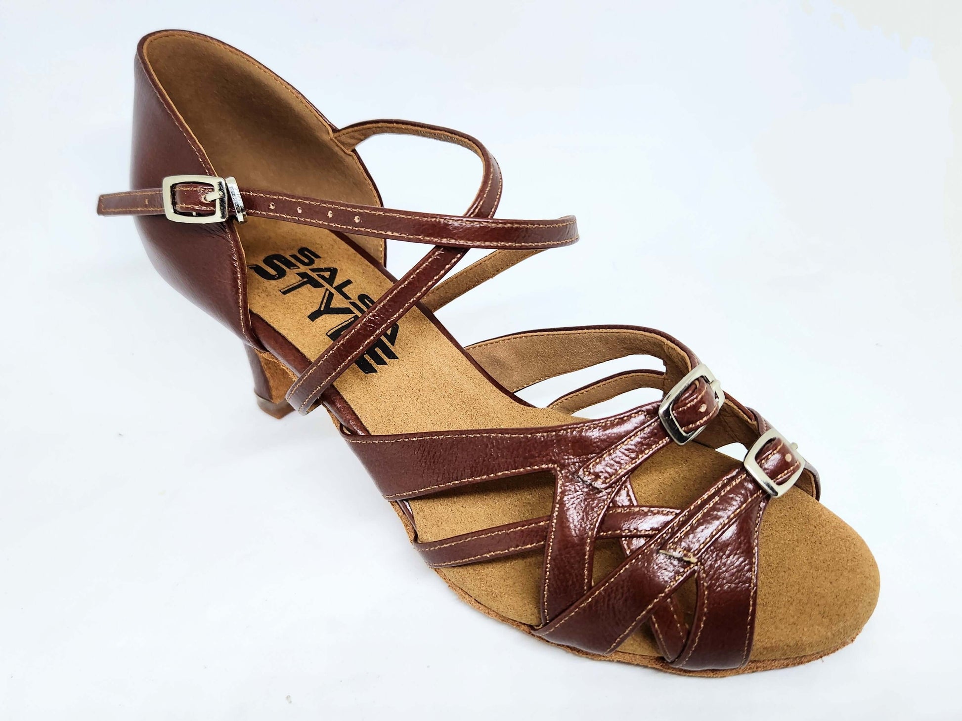 Ruby leather dance shoes in brown with adjustable straps for great support and comfort, 2.5" heel height.