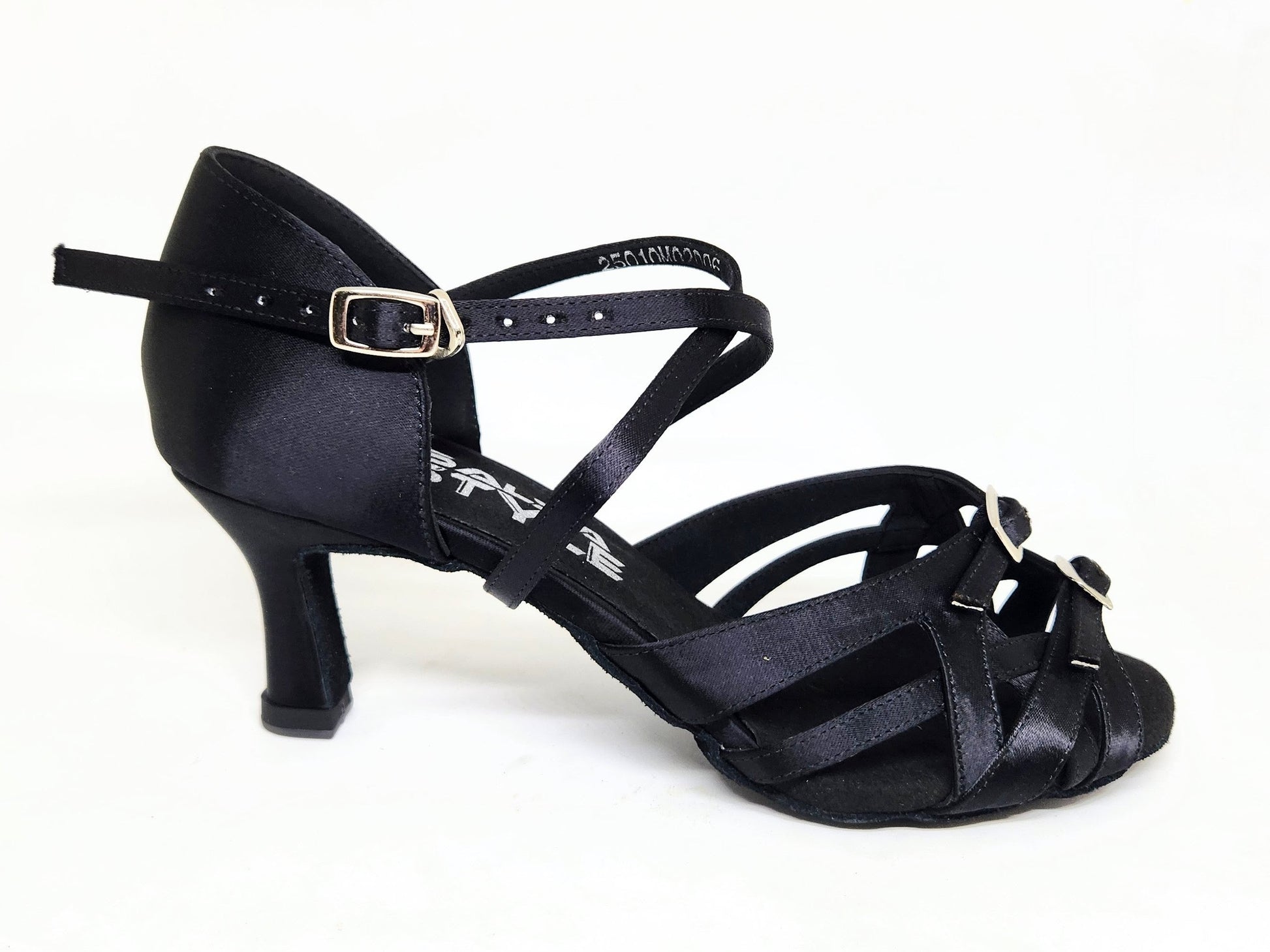 Black satin dance shoe with adjustable straps
