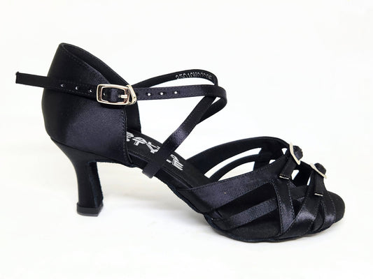 Black satin dance shoe with adjustable straps