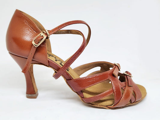 Ruby Leather Brown/Red adjustable dance shoes with 3" heel, offering great support and comfort for dancing.